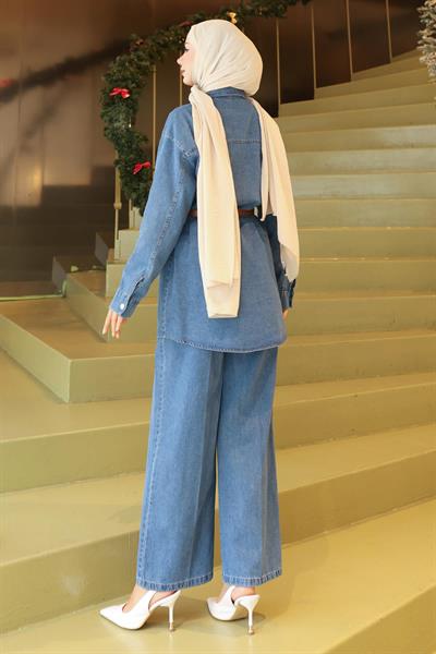 Cepli Taş Detaylı Kot Takım Açık Mavi 19307