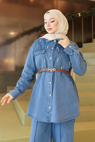 Cepli Taş Detaylı Kot Takım Açık Mavi 19307