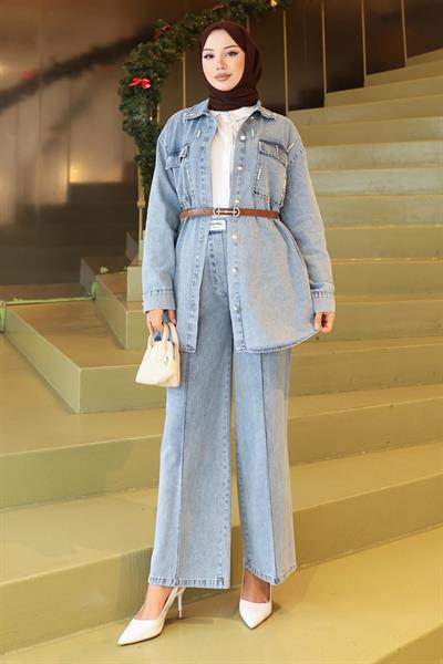 Cepli Taş Detaylı Kot Takım Buz Mavisi 19307