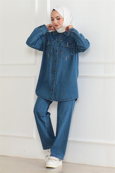 Cepli Taş Detaylı Kot Takım Mavi 19207