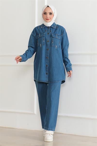 Cepli Taş Detaylı Kot Takım Mavi 19207