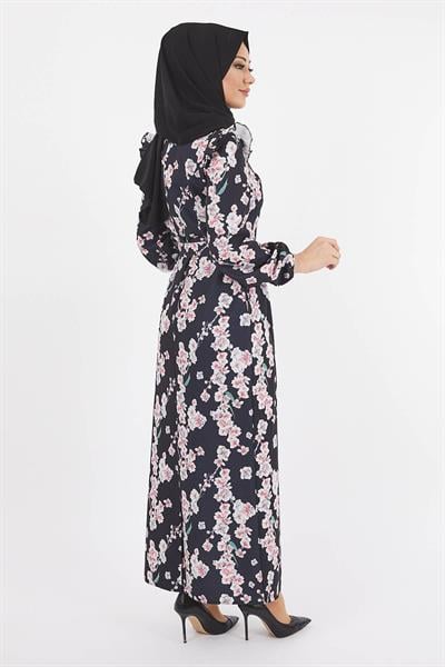 Çiçekli Kalem Elbise Siyah 12223