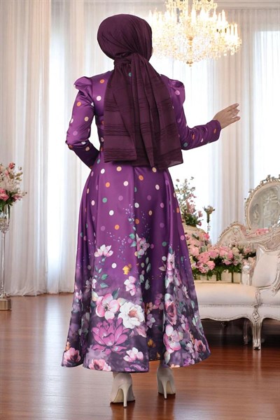 Çiçekli Puantiyeli Saten Abiye Mürdüm 12251