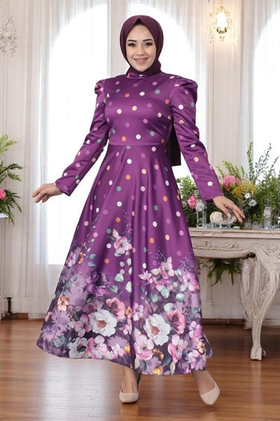 Çiçekli Puantiyeli Saten Abiye Mürdüm 12251