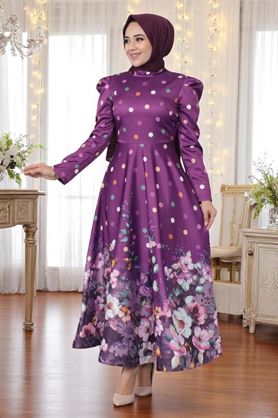 Çiçekli Puantiyeli Saten Abiye Mürdüm 12251