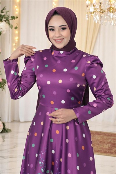 Çiçekli Puantiyeli Saten Abiye Mürdüm 12251