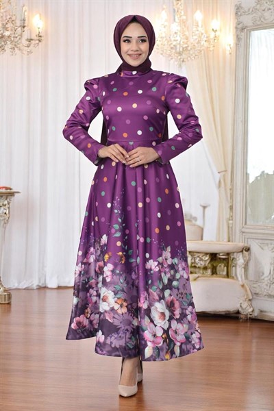 Çiçekli Puantiyeli Saten Abiye Mürdüm 12251