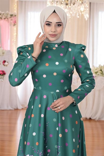 Çiçekli Puantiyeli Saten Abiye Zümrüt 12251