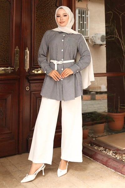 Çizgili Cep Detaylı Takım Siyah 19242