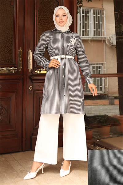 Çizgili Nakış Detaylı Takım Siyah 19261