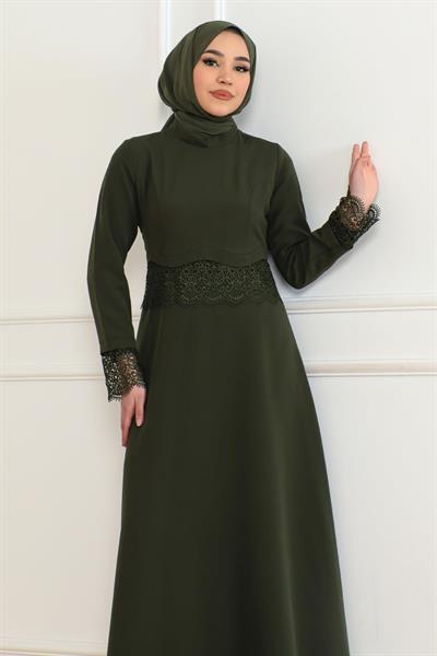 Dantel Detaylı Elbise Haki 6126