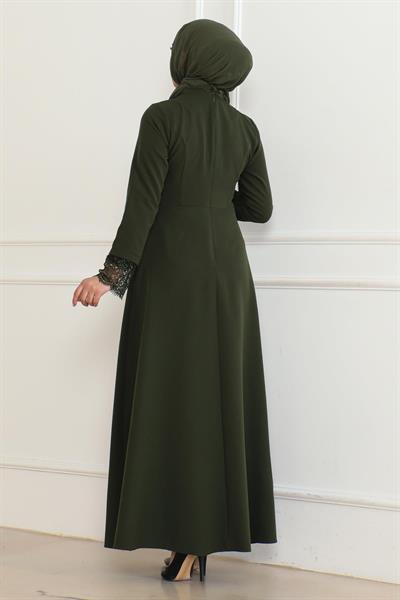 Dantel Detaylı Elbise Haki 6126