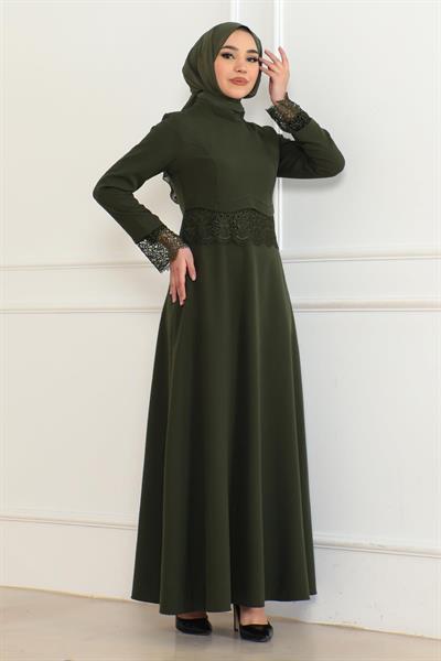 Dantel Detaylı Elbise Haki 6126
