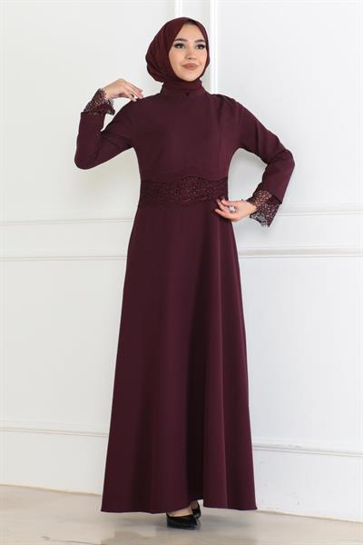 Dantel Detaylı Elbise Mürdüm 6117