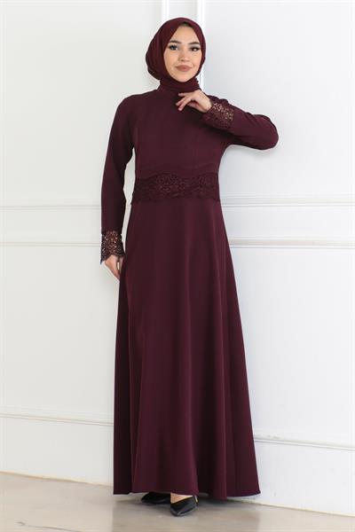 Dantel Detaylı Elbise Mürdüm 6117