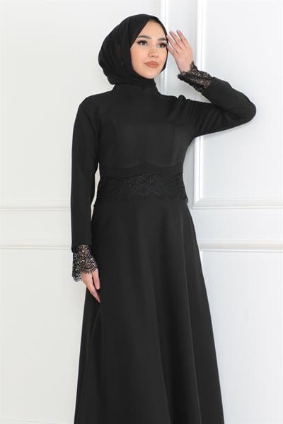 Dantel Detaylı Elbise Siyah 6117