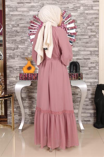 Dantel Detaylı Şifon Abiye Gül Kurusu 19143