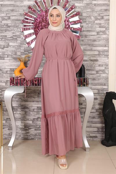 Dantel Detaylı Şifon Abiye Gül Kurusu 19143