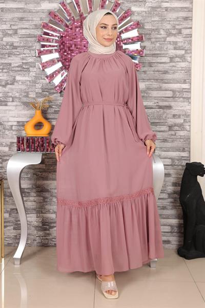 Dantel Detaylı Şifon Abiye Gül Kurusu 19143