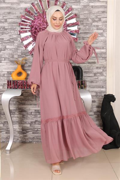 Dantel Detaylı Şifon Abiye Gül Kurusu 19143