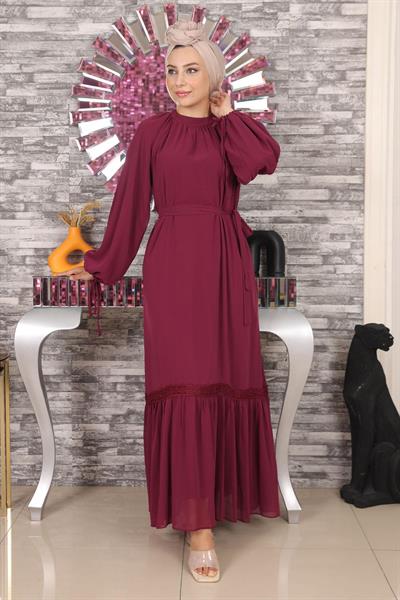 Dantel Detaylı Şifon Abiye Mürdüm 19143