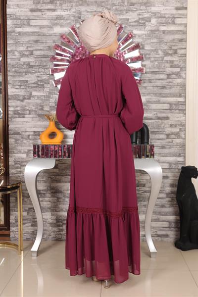 Dantel Detaylı Şifon Abiye Mürdüm 19143