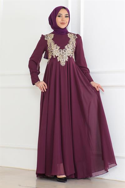 Dantel Detaylı Şifon Abiye Mürdüm 6113