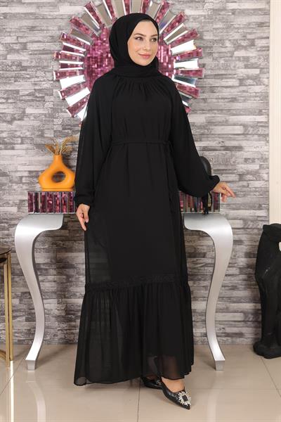 Dantel Detaylı Şifon Abiye Siyah 19143