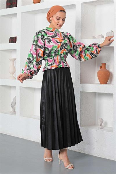 Desenli Lastikli Bluz Siyah 19800