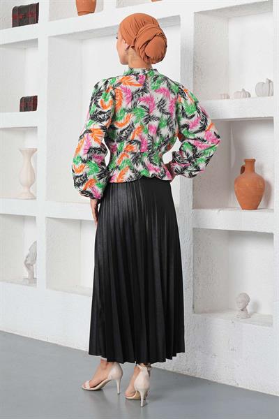 Desenli Lastikli Bluz Siyah 19800