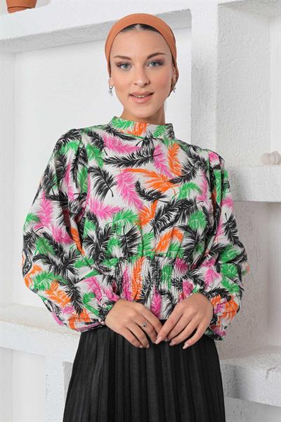 Desenli Lastikli Bluz Siyah 19800