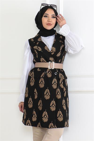 Desenli Tesettür Ceket Siyah 6111