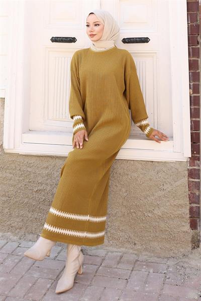 Desenli Triko Elbise Haki 6149