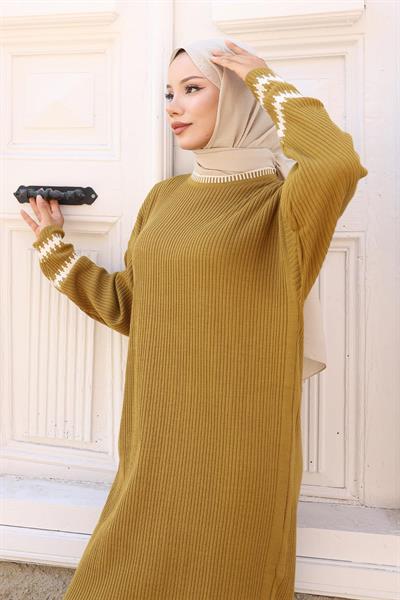 Desenli Triko Elbise Haki 6149