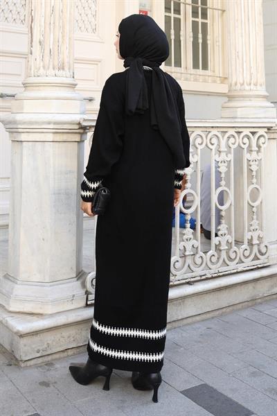 Desenli Triko Elbise Siyah 6149