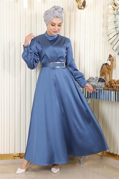 Drapeli Saten Abiye Mavi 19192