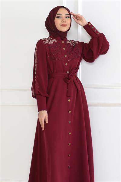 Düğme Detaylı Elbise Bordo 6118