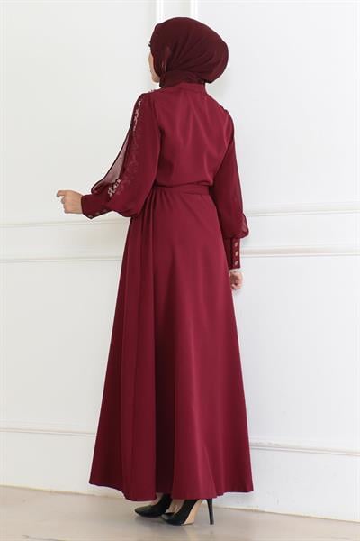 Düğme Detaylı Elbise Bordo 6118