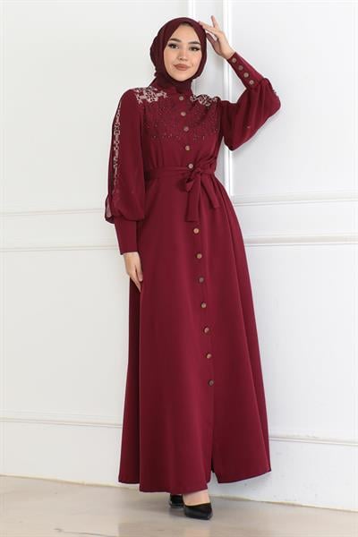 Düğme Detaylı Elbise Bordo 6118