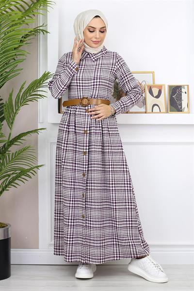 Düğme Detaylı Elbise Mürdüm 19166