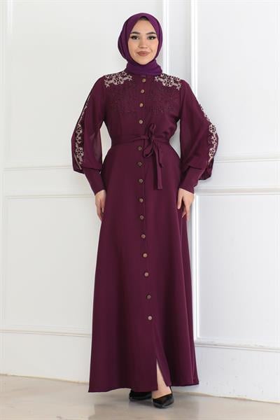 Düğme Detaylı Elbise Mürdüm 6118