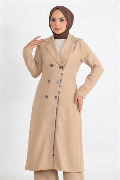 Düğme Detaylı Fermuarlı Takım Bej 19219