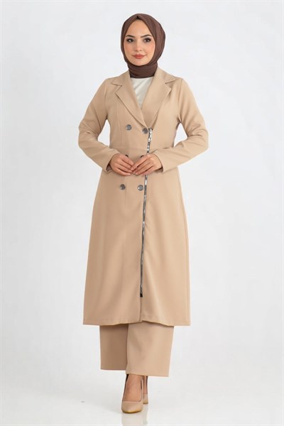 Düğme Detaylı Fermuarlı Takım Bej 19219