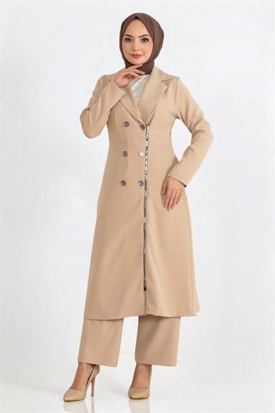Düğme Detaylı Fermuarlı Takım Bej 19219