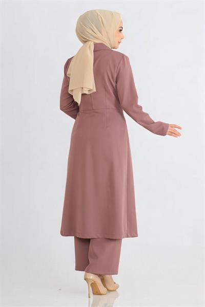 Düğme Detaylı Fermuarlı Takım Gül Kurusu 19219