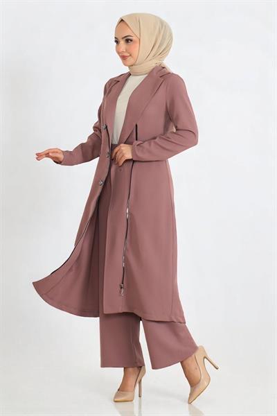 Düğme Detaylı Fermuarlı Takım Gül Kurusu 19219