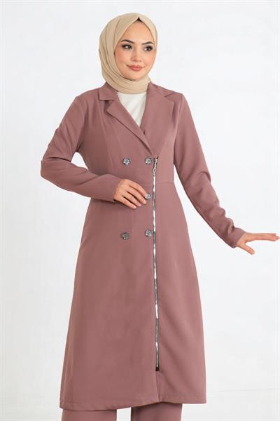 Düğme Detaylı Fermuarlı Takım Gül Kurusu 19219