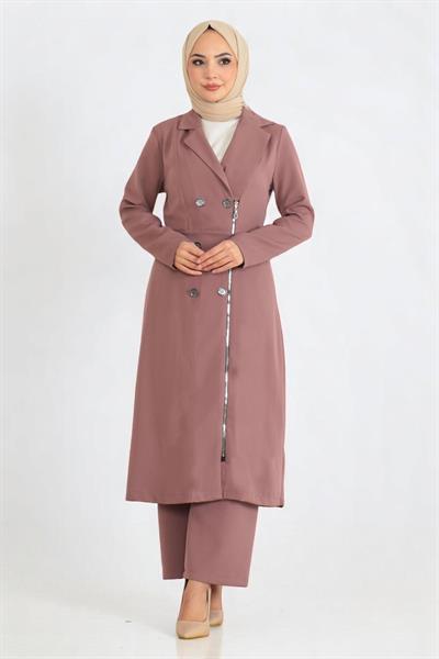 Düğme Detaylı Fermuarlı Takım Gül Kurusu 19219