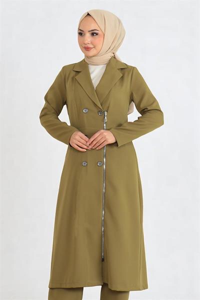 Düğme Detaylı Fermuarlı Takım Haki 19219