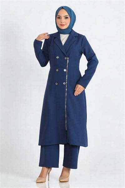 Düğme Detaylı Fermuarlı Takım İndigo 19219